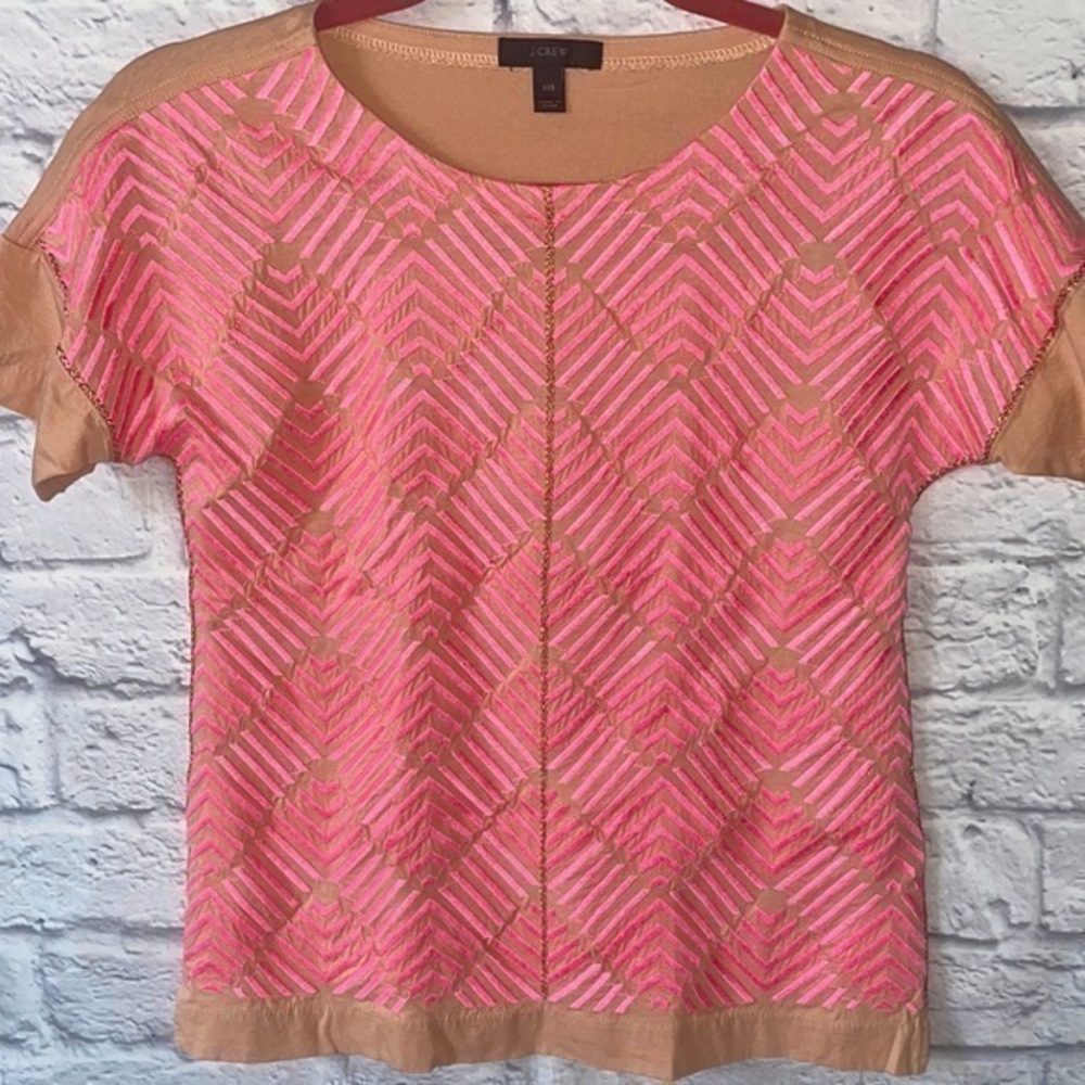J.Crew Neon Pink Embroidered Herringbone Chevron Metallic Detail Crew Neck Top